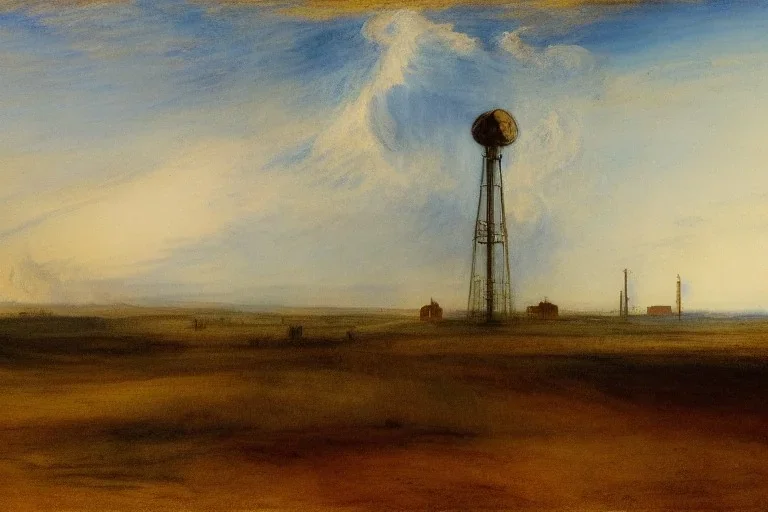 landscape in the old west, with a little town with a water tower painted by william turner