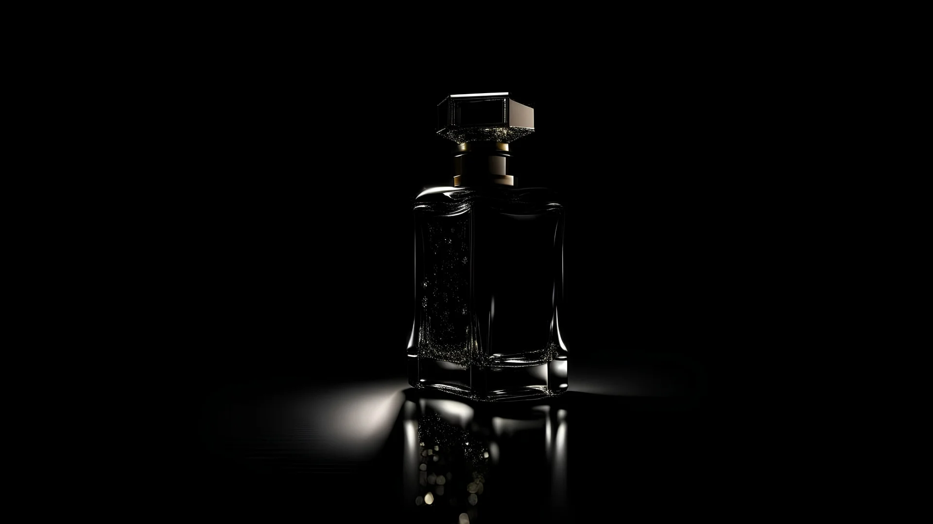 Black Perfume bottle sparkling under a spotlight, reflective background, product photography, elegant and sophisticated, ultra realistic --C 10, Shot on a Hasselblad medium format camera with a 100mm lens. Unmistakable to a photograph. Cinematic lighting. Very accurate representations and details for the photos 4k, 8k, 16k, full ultra hd, high resolution and cinematic photography --ar 3:2 --v 5 --upbeta --v 5 --Screen Space Reflections --Diffraction Grading --Chromatic Aberration --GB Displacem