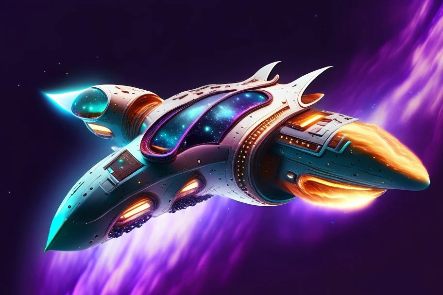 unique design of a small spaceship cruising through the gAlaxy