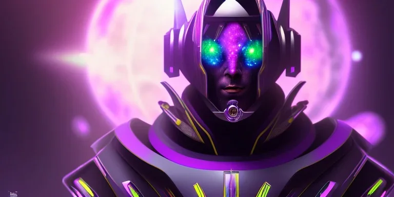 futuristic purple galaxy super villain that has the power of the universe