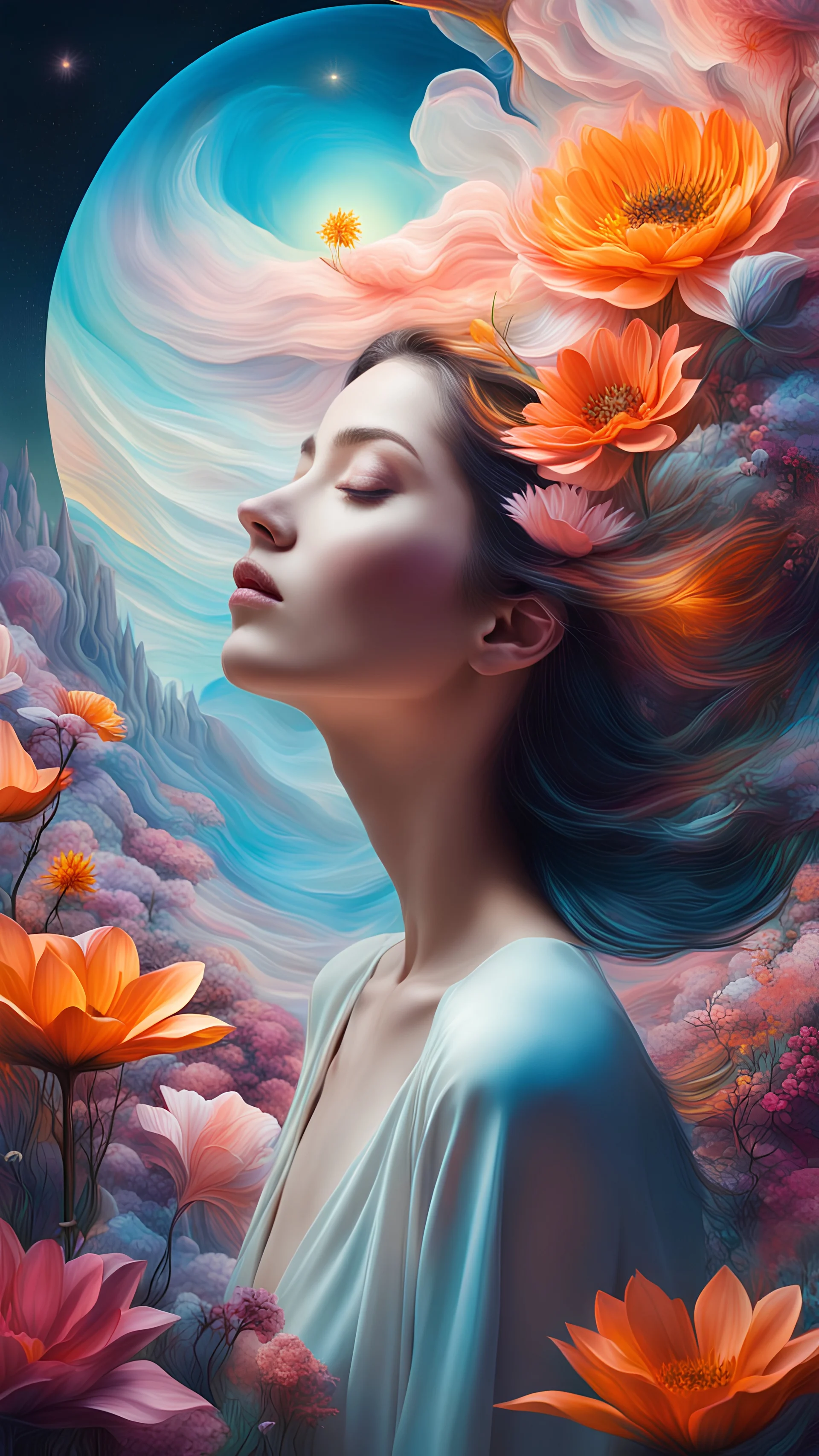 a woman portrait, she is dreaming, a surreal dreamscape oversized, luminous flowers and surreal landscapes. The scene could evoke a dreamlike atmosphere with distorted perspectives and vibrant, otherworldly colors