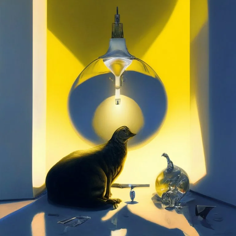 Abstract painting formed by a mix of human flesh-like surgical instruments and universe-like neuralink, a cat looking at a pigeon inside a huge bulb between light and shadow at dusk,surrealism,minimalism,Painting By Adrian Ghenie, Rene Magritte, Salvador Dali, Lucian Freud