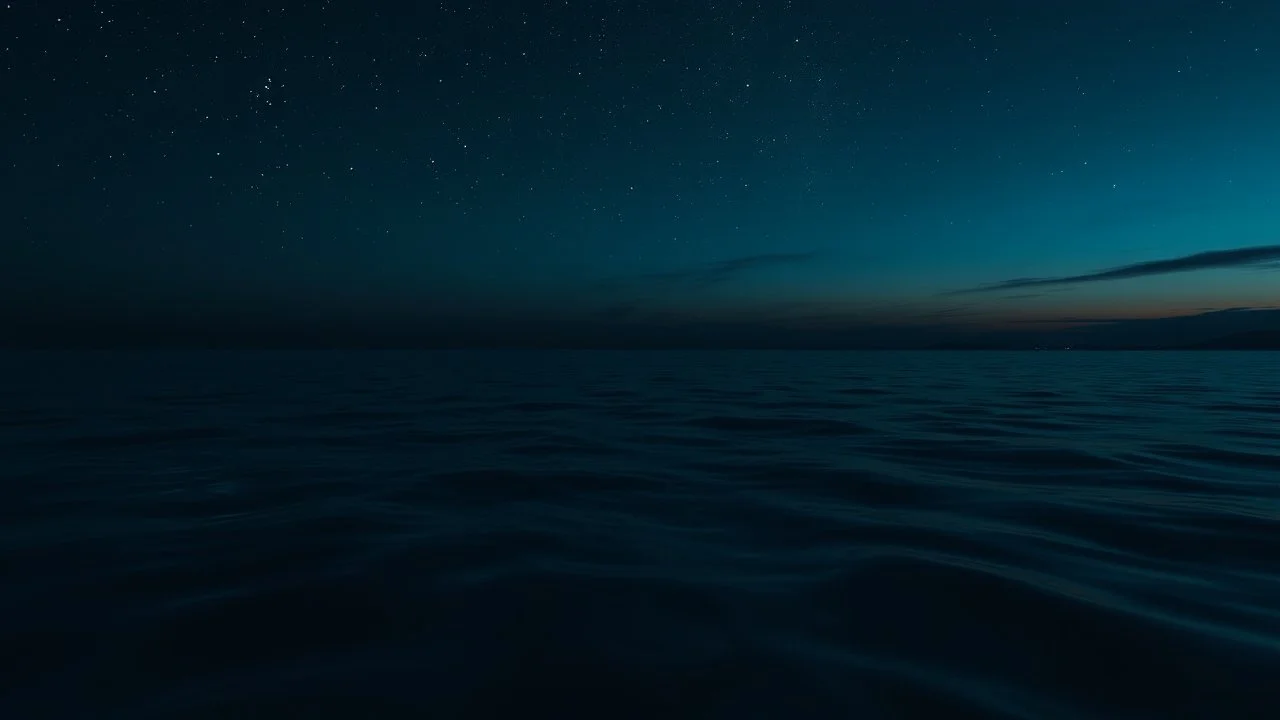 Hyper Realistic Mid Sky View And Surface Of A Clean Water At Dark Night.