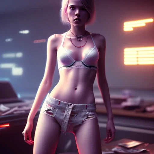 Emma Watts in underwear and ripped clothes cyberpunk unreal engine character very detailed cinematic view photo realistic