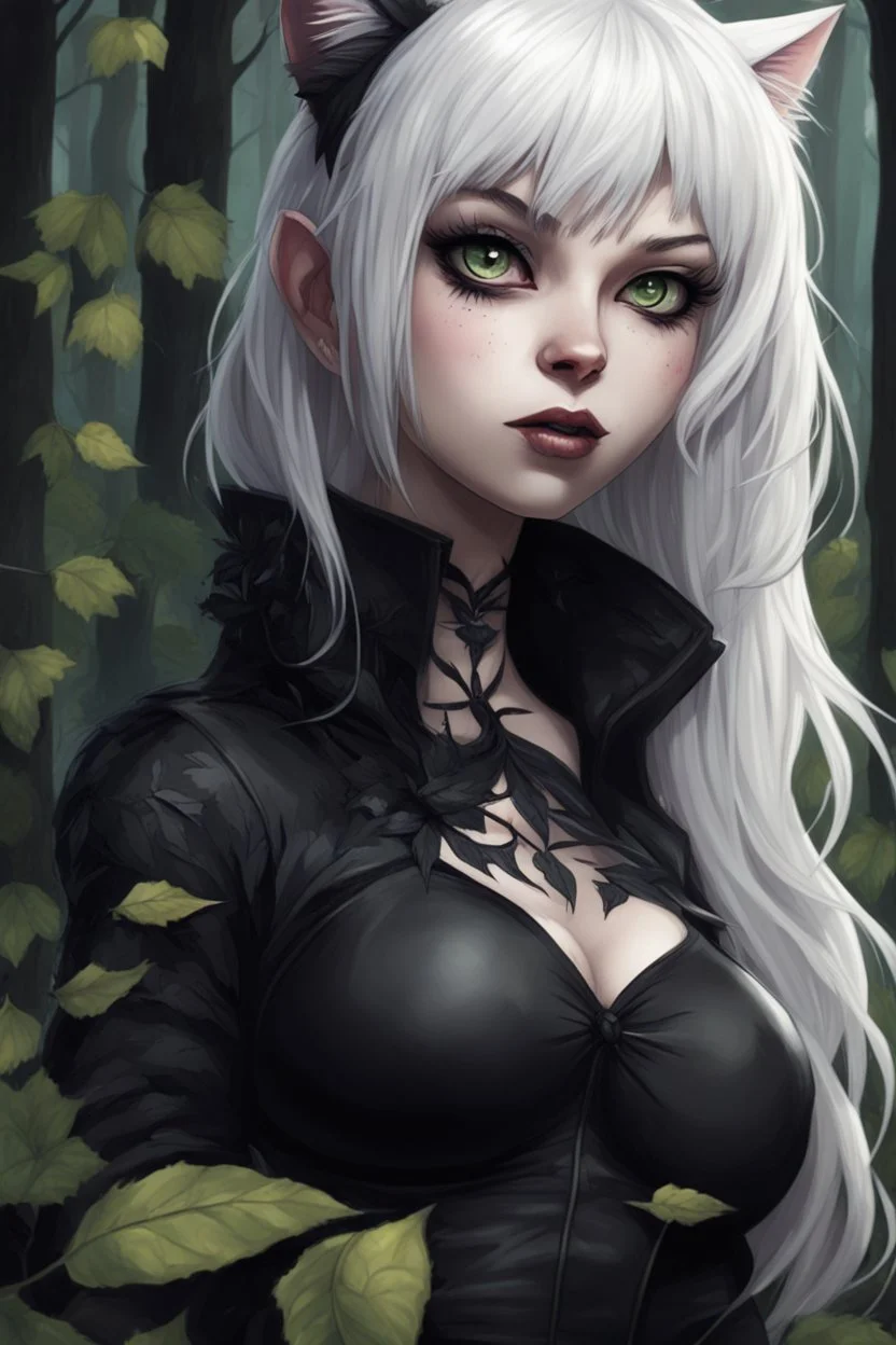 CAT GIRL, goth, forest, nature, cartoon, leaves, boobs, portrait, colour image, white hair