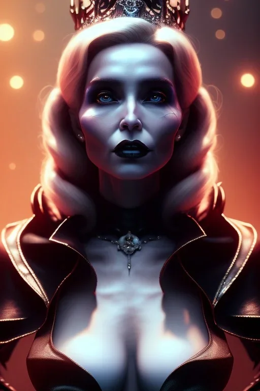 Constance Langdon as evil queen in black leather, leather, busty, cleavage, angry, stern look. character design by cory loftis, fenghua zhong, ryohei hase, ismail inceoglu and ruan jia. unreal engine 5, artistic lighting, highly detailed, photorealistic, fantasy