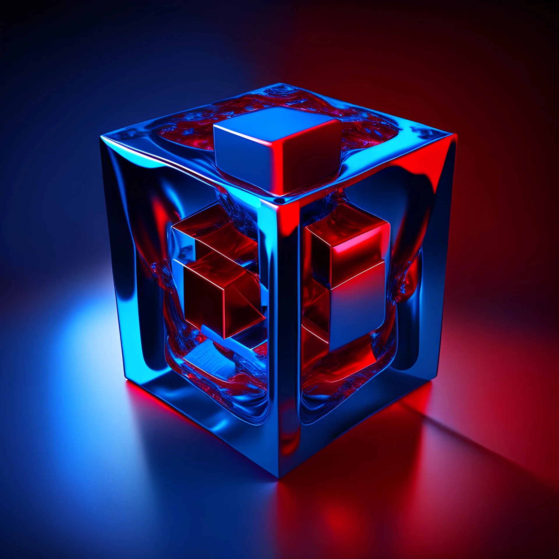 a blue metallic 4d cube inside a 4d red rotating cube in a four dimension environment