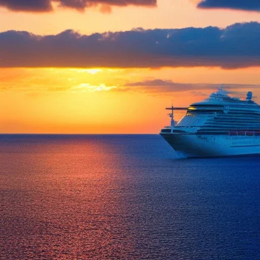 cruise ship sailing, atoll islands, sunset on horizon