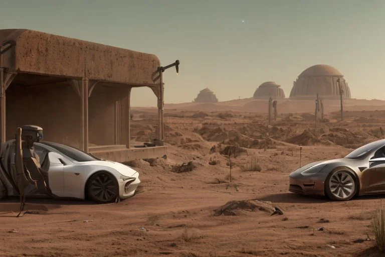 A Tesla 'Model S' is parked, in Mos Eisley on the planet Tatooine. (CINEMATIC, WIDE ANGLE LENS, PHOTO REAL)