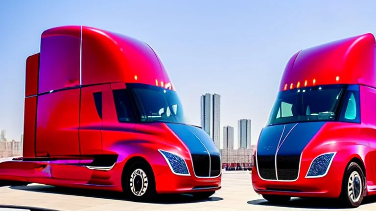 A Tesla semi-truck is parked, at 'Lotte World', in Seoul (South Korea). CINEMATIC. WIDE ANGLE LENS.