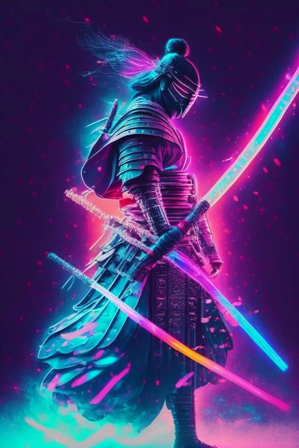 Mystical samurai emitting an aura with a long, neon sword emitting an aura