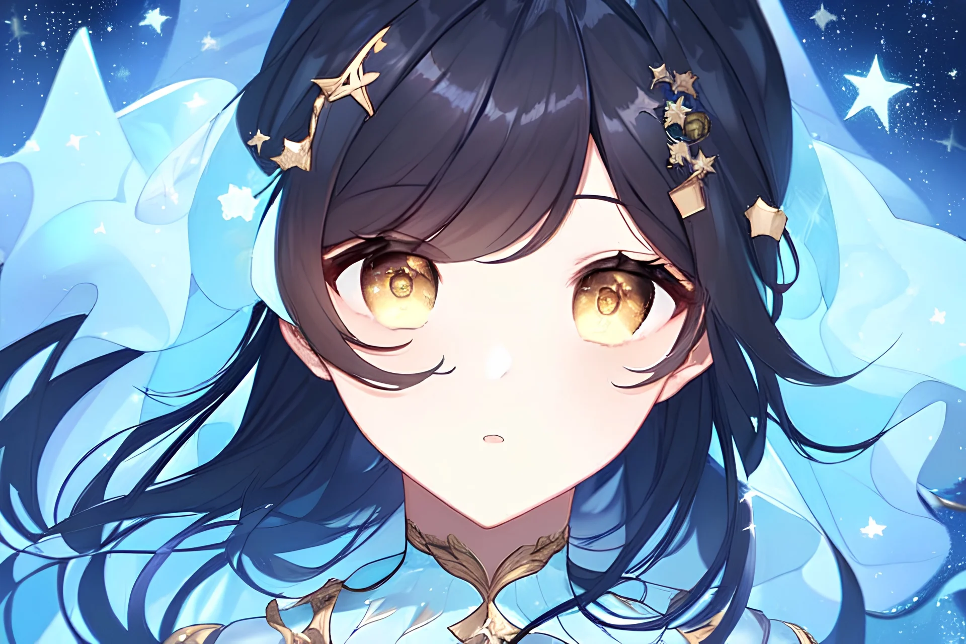 A beautifully detailed digital portrait of one women with a dreamy demeanour, featuring black hair with stars as hair clips, sparkly golden half shurt eyes, The women is wearing a detailed yellow and light blue dress of delicate fabric and soft colours, adorned with patterns and accessories. close-up. light blue, white, starry night sky