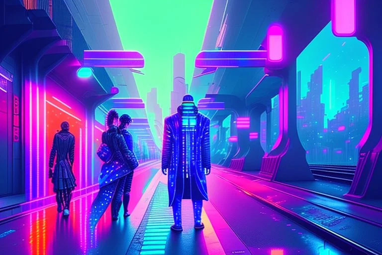 Cyberpunk street with holograms and train