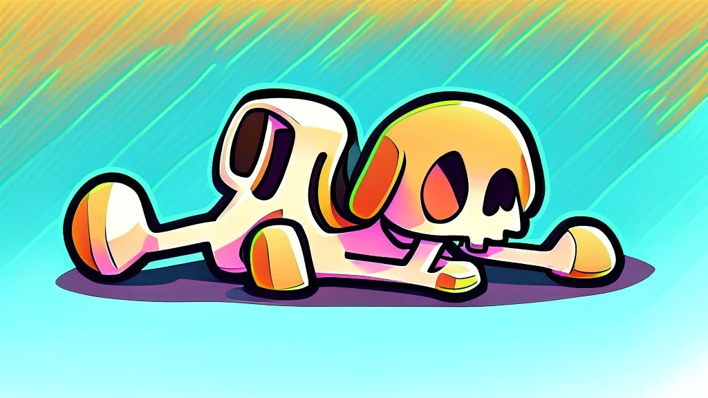 chibi-style bony animal rib bones pointing up, lying on the ground, cartoony, colorful, exaggerated, simplified,