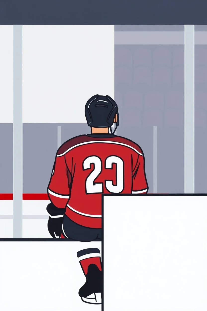 simplified illustration of hockey player sitting behind the rink boards