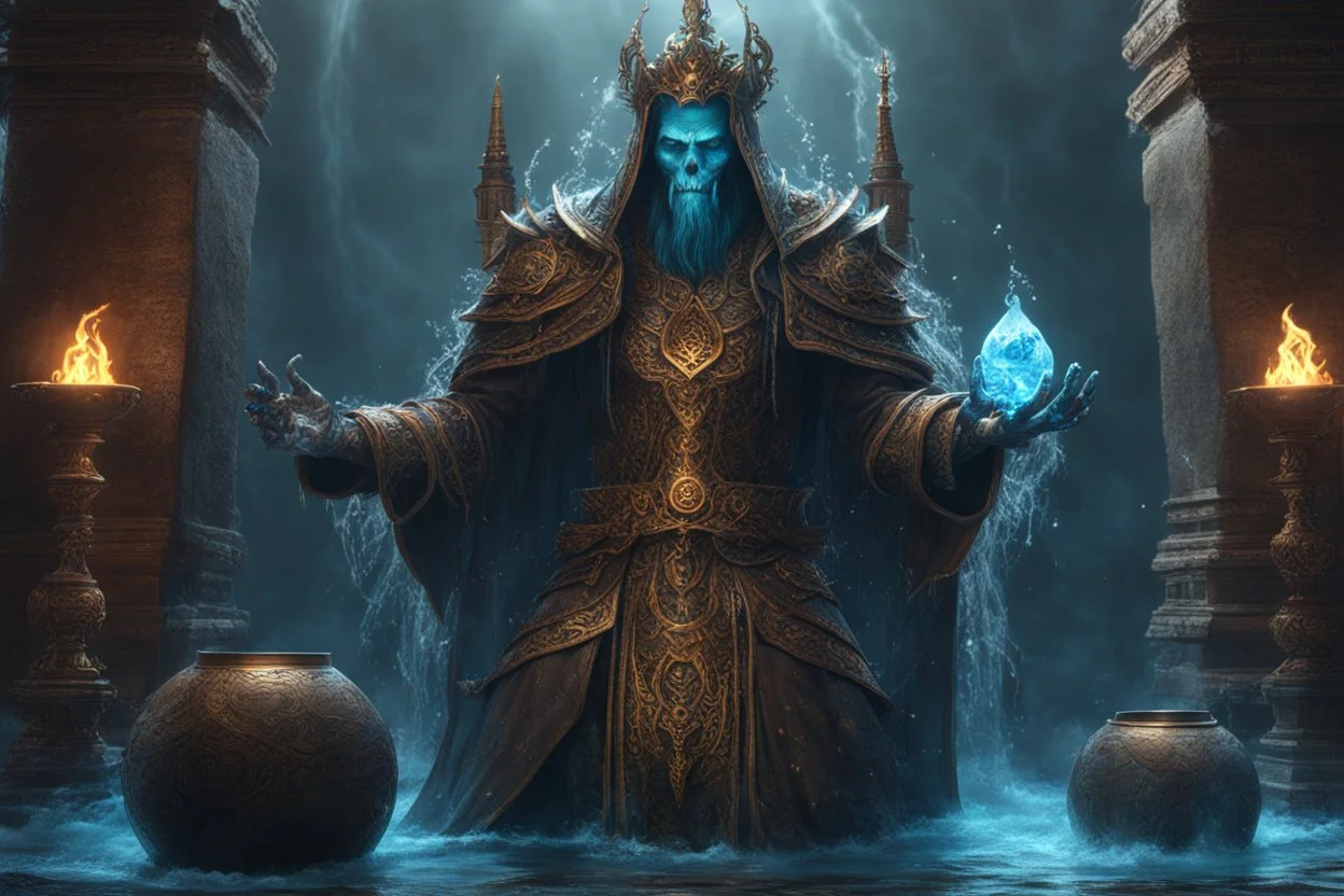 an ancient lich summoning a water elemental. empty sockets. fantasy concept art, exquisite realism, a masterpiece, dynamic lighting, hyper detailed, intricately detailed, deep color, Unreal Engine, volumetric lighting , Epic cinematic brilliant stunning intricate meticulously detailed dramatic atmospheric maximal,