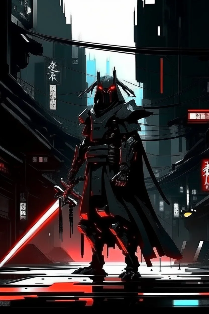 samurai robot in black cloak in a cyberpunk environment and big blood sword anime