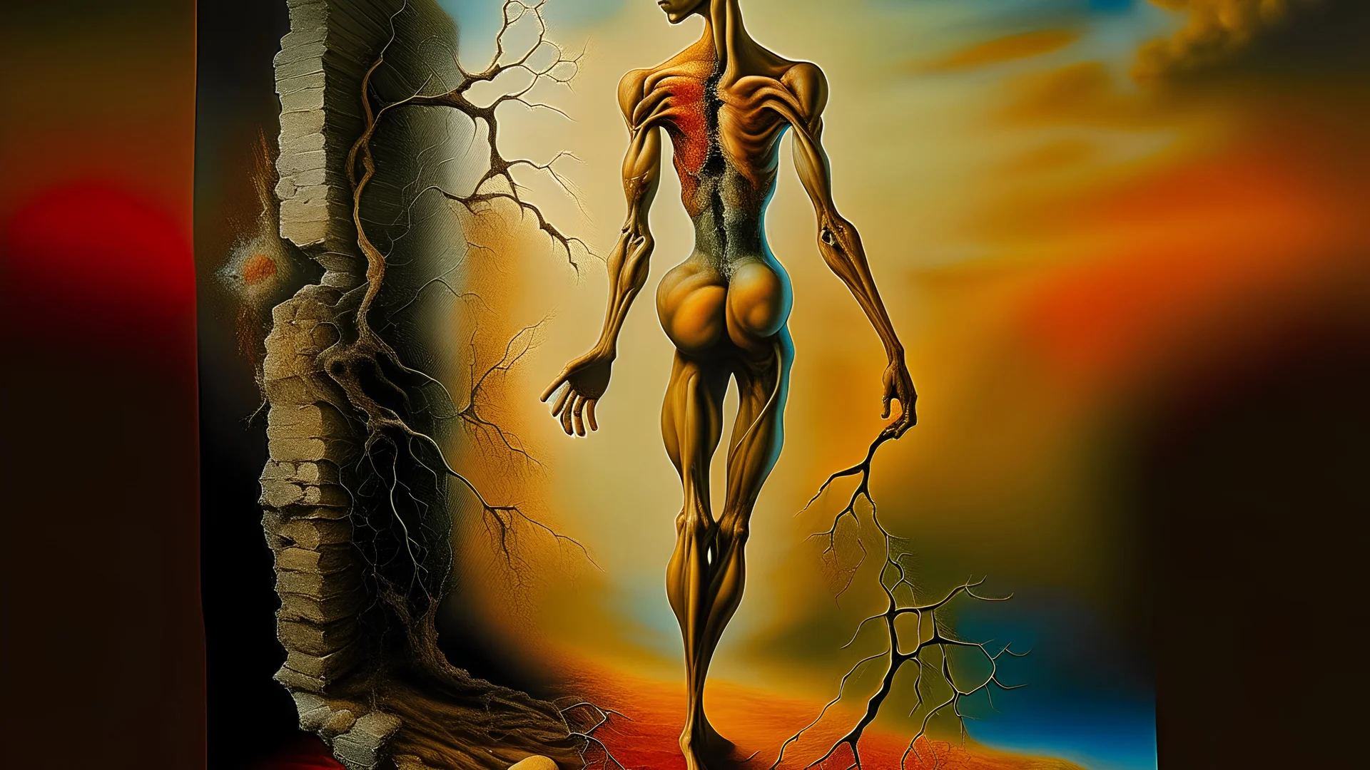 A surreal and abstract illustration of a human figure made out of flesh, merging with a brick wall and a slab of wood, representing the connection between man and nature. Oil painting style by Salvador Dali, with bold colors and intricate details.