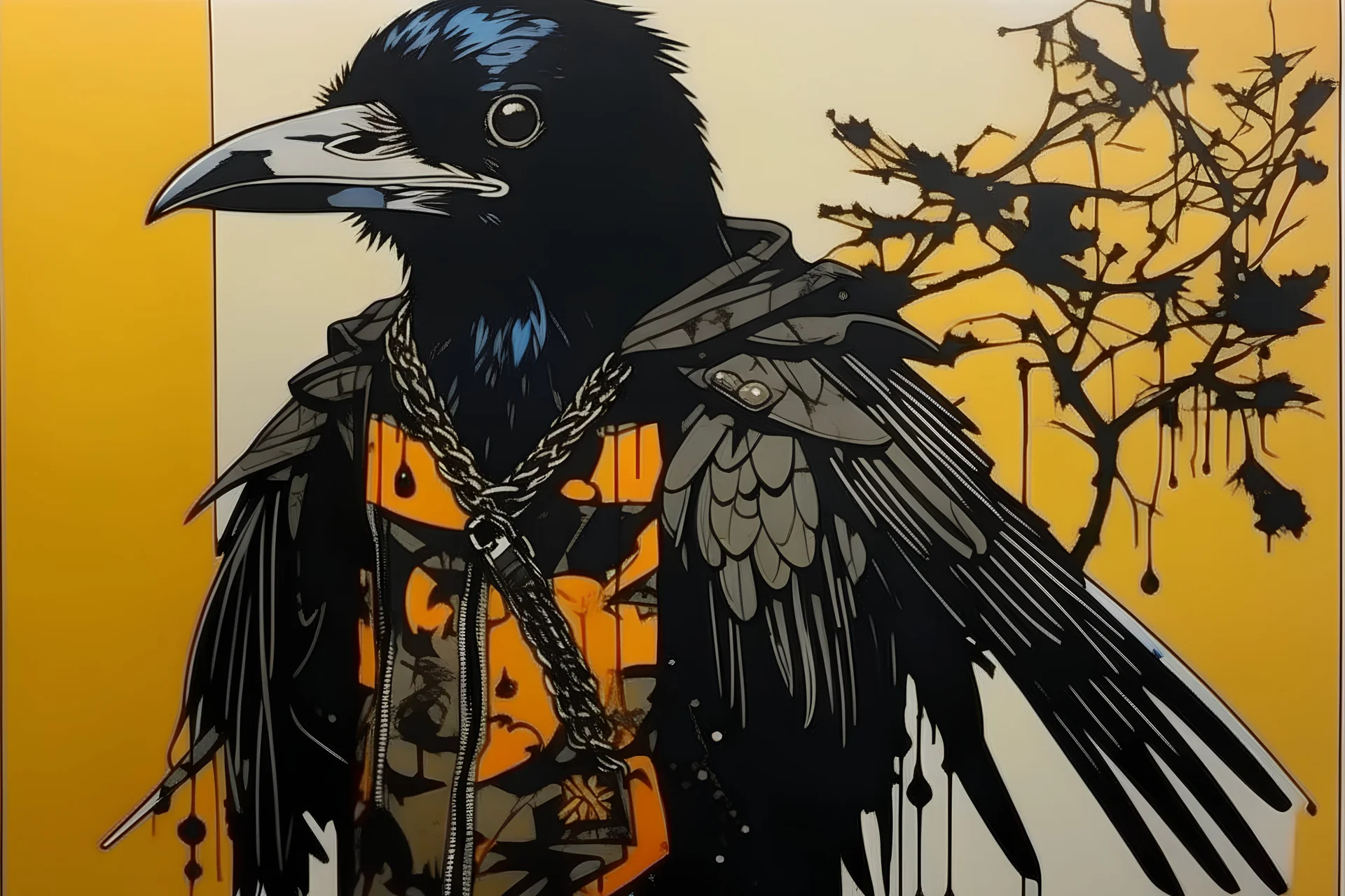 A contemporary serigraphy by Kunisada of a crow adorned in a punk leather jacket.