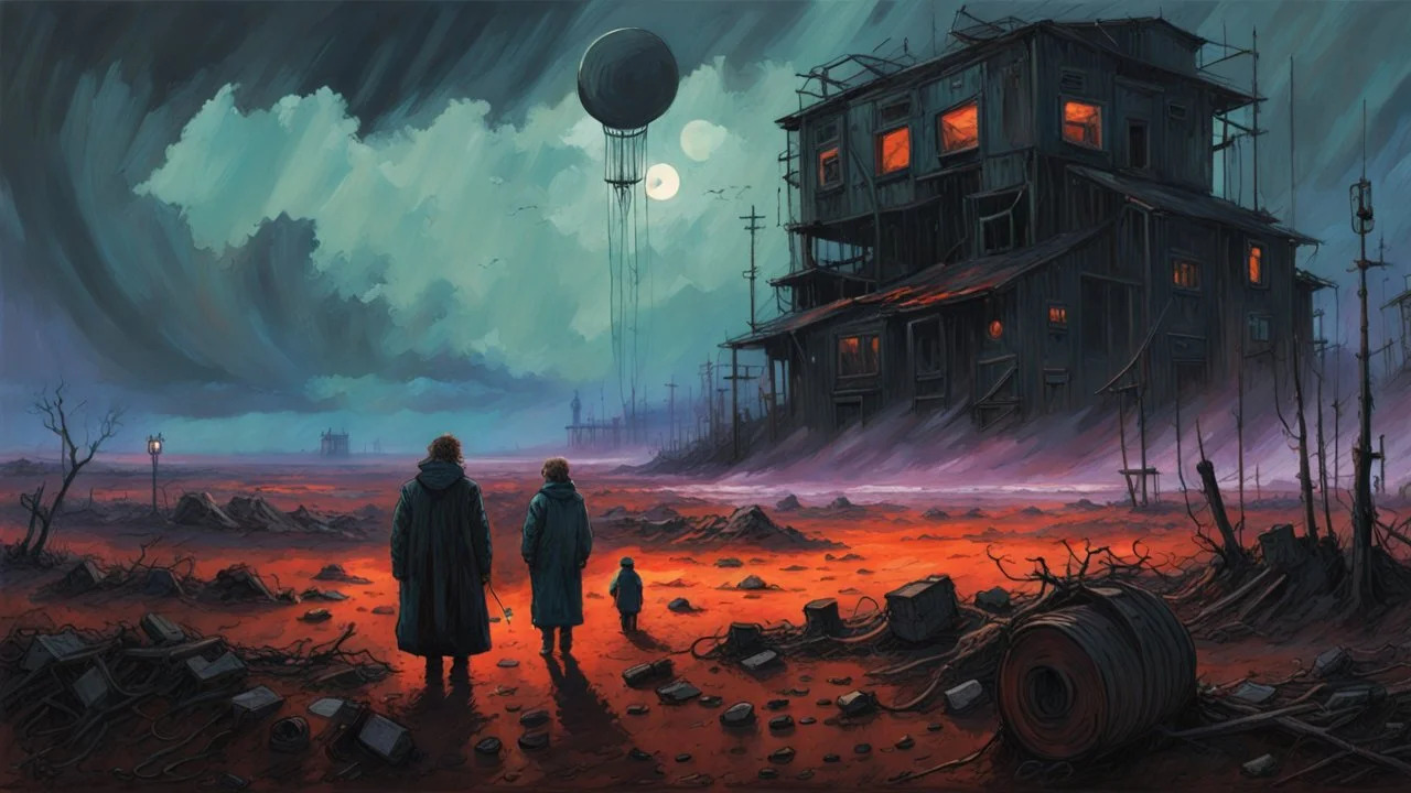 Eclipsed Dread, Macabre Enigmas, a Strange surreal world, techno western gothic, post apocalyptic art, neo cyberpunk renaissance, Science fiction painting, Denis Sarazhin Simon Stålenhag, Nicolas Bruno, sinister vibes, harsh survivalism, Peter Sallesen, Hamish Frater, ominous sky