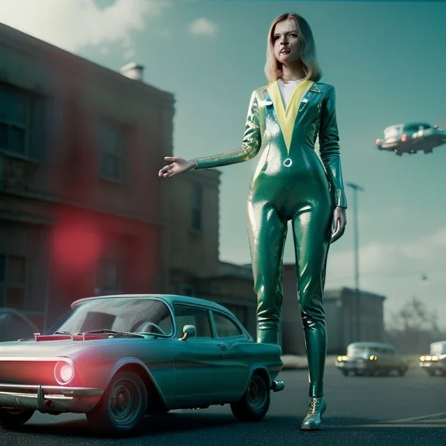 Ultra Realistic retro sci-fi, 1960 year, levitating all cars by young blonde woman quiet, latex suit, soft color, highly detailed, unreal engine 5, ray tracing, RTX, lumen lighting, ultra detail, volumetric lighting, 3d, finely drawn, high definition, high resolution.