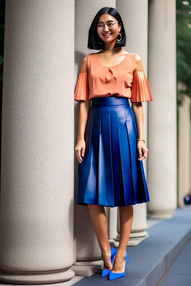 fullbody shot of young-beautiful-ozbek-with-a-perfect-face-with-make-up-wearing-orange top and midi pleated blue skirt