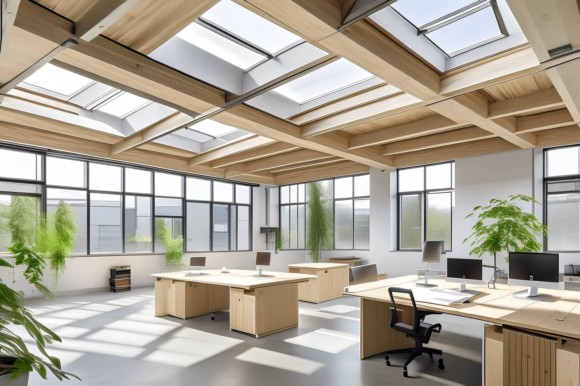 factory floor cealing skylights wooden clt beams flat cealing concrete walls frameless windows white workstations meetingbox