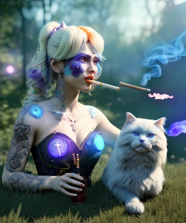 Ultra realistic wonderland photo, happy blonde woman smoking a shisha, blue dress, big purple-cat friend, circus dress style, old school tattoo, smoke, marijuana garden, glow eyes, perfect iris, soft color, highly detailed, unreal engine 5, cinematic, ultra detail, volumetric lighting, high definition.