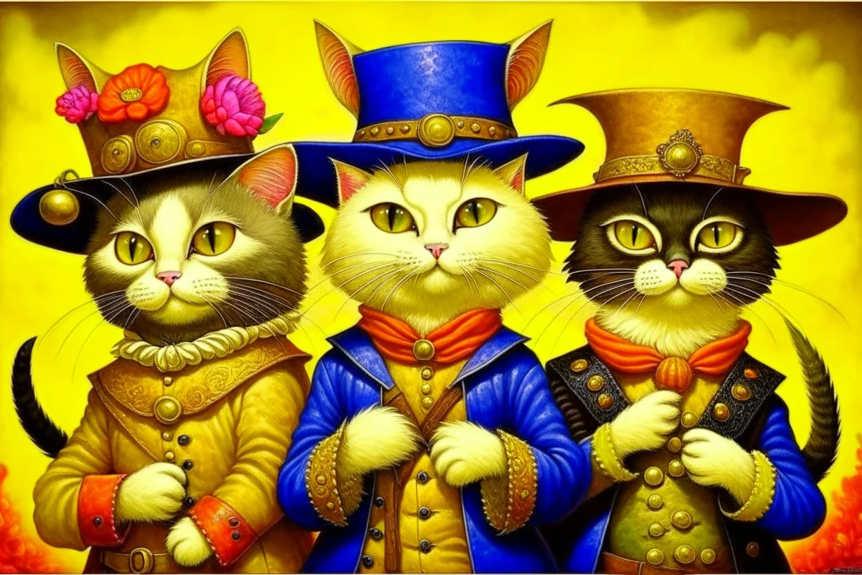 Three musketeers cats dressed in capes with fleurs de lys and hats, armed with rapiers Endre Penovac ink Nicolette Ceccoli cute character Ashley Wood, Daniel Gerhart, Thomas Saliot comic Naoto Hattori oversized eyes