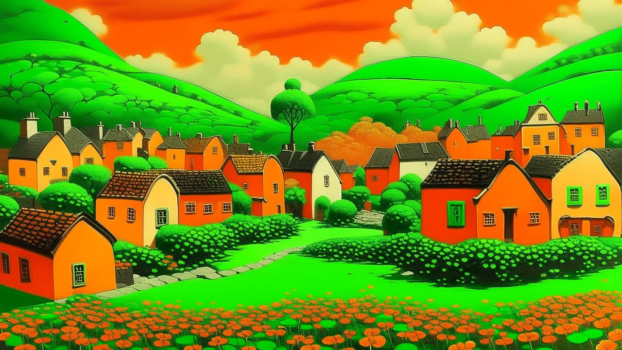 An orange colored Irish town with clovers designed in ancient Egyptian pottery painted by Frank Wilson
