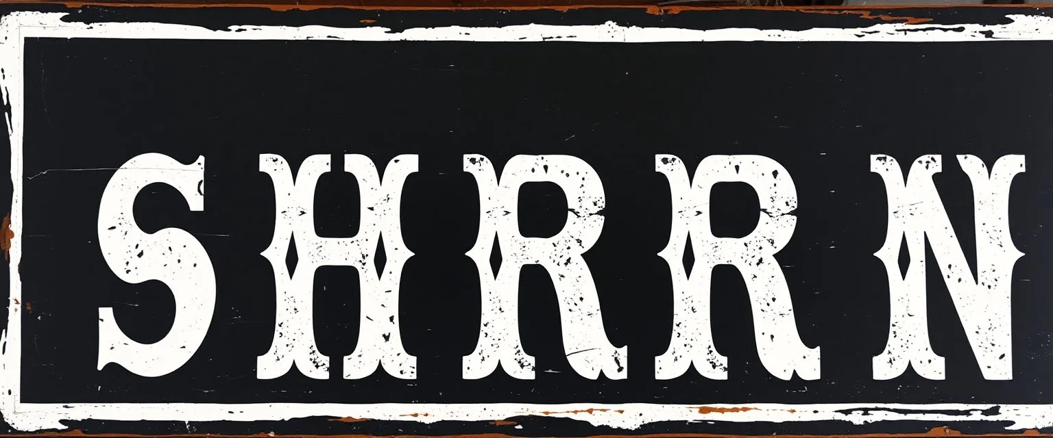 large and wide hand painted old western sign that reads: "SHERRIF" white on black with inset boarder stripe in white aged