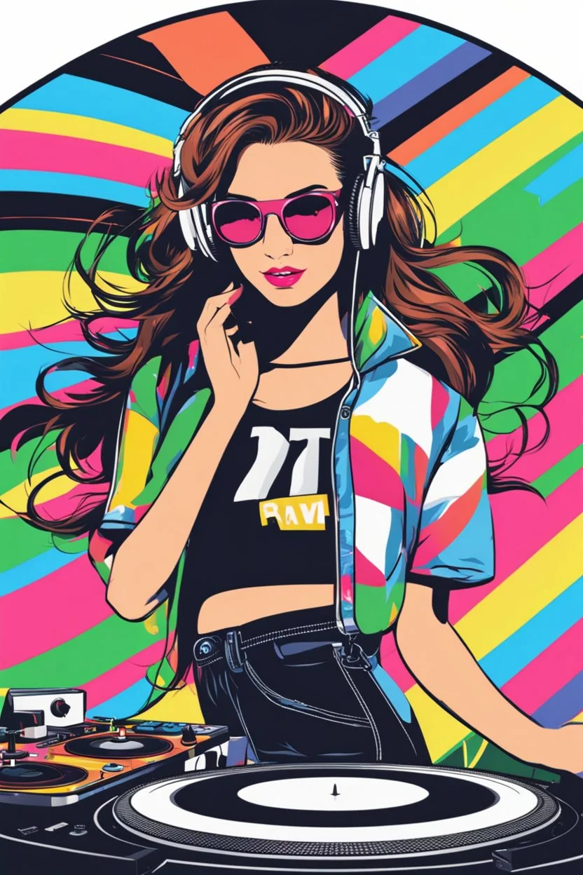 Photograph super model pretty girl with headphones playing music on a turntable, dj rave party disco club