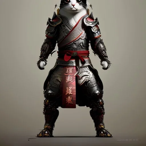 Character design, anthropomorphic cat dressed as a Shaolin, dark, evil, furious, epic, intricate details, finely detailed armor, silver, golden