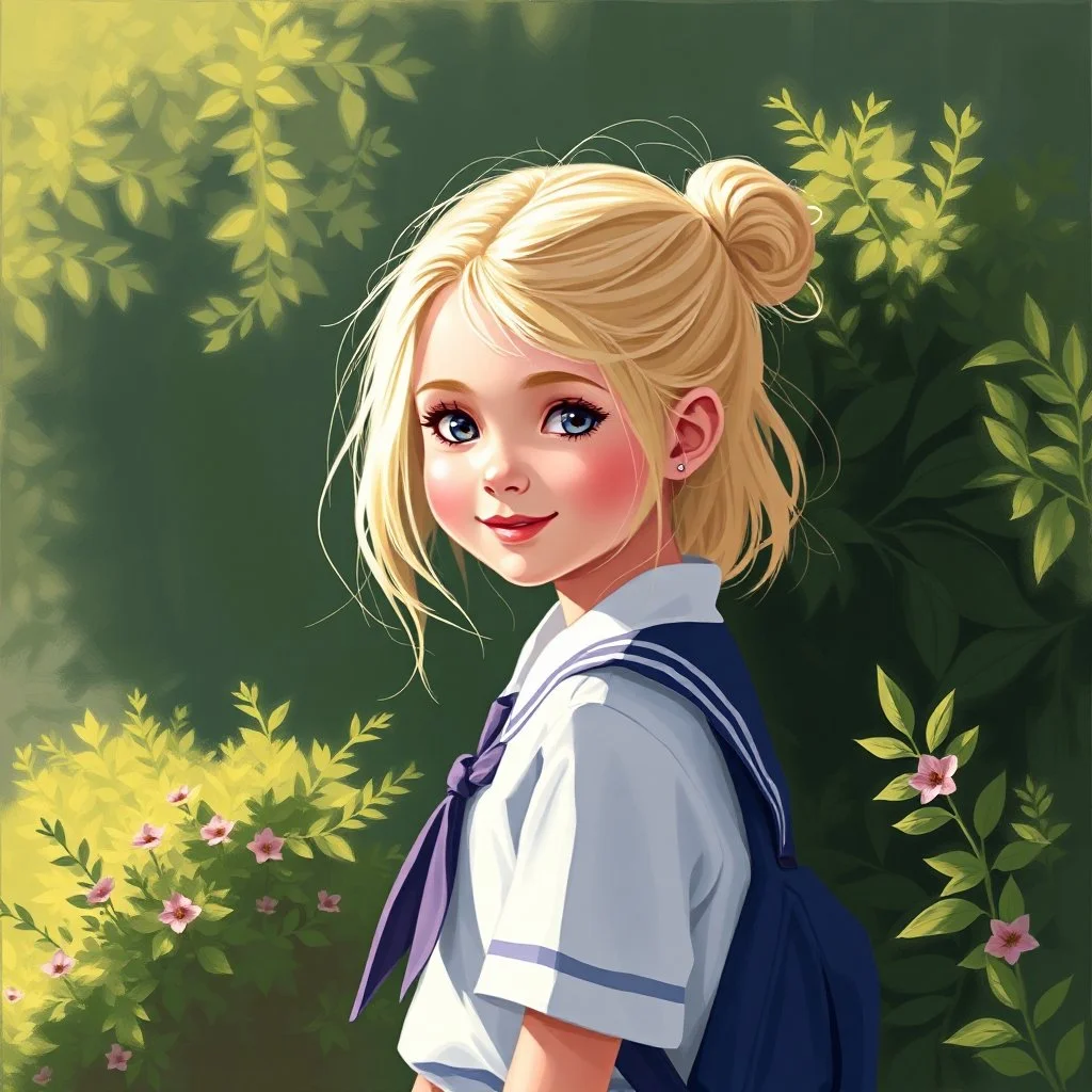 a pretty girl, age 8, blonde hair in bunches, playing outside by the bushes, school uniform, digital painting, stylised