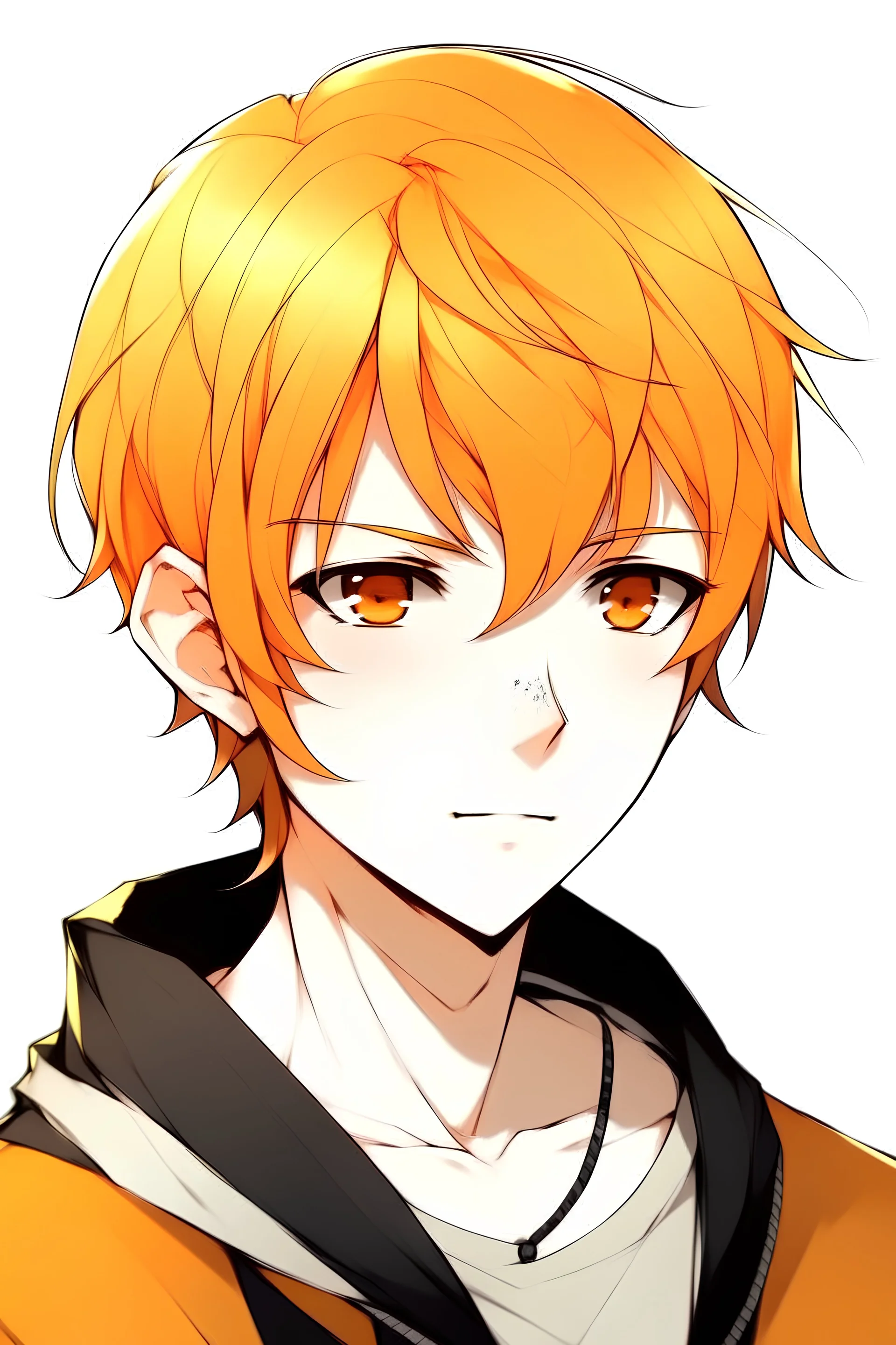 Anime boy with neck length bright orange hair, with black eyes and slightly narrow eyes, with pale skin