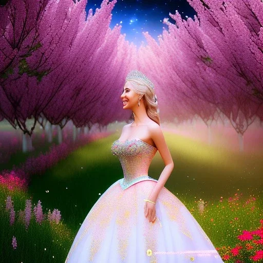 Full body Princess, woman blondie, make up,smile, beautiful place,amazing, flowers, colors, blue and pink butterfly, , realistic, photo real, stars night, detailed, high contrast, 8k high definition, unreal engine 5, extremely sharp detail, light effect, light background