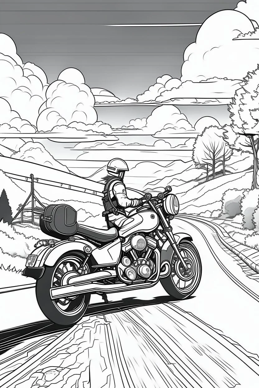 Outline art, no shading, motorcycle on the road, cartoon style, black and white, low detail, --ar 9:11