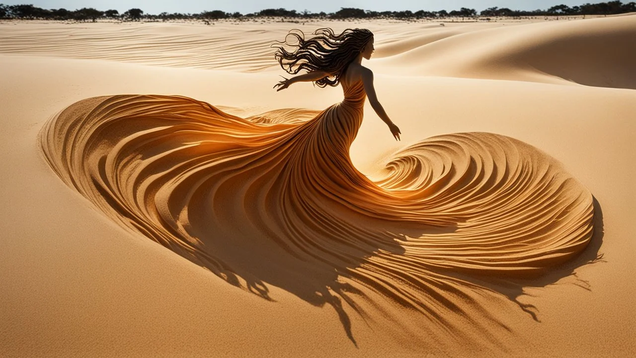 dancing sculpture of a wind-blown lady made of sand; amazing reflections, wonderful textures, perfect skin, circular swoosh, dynamic, cinematic, dramatic, cam in motion, swirl dynamics, deep low angle, Katsuhiro Otomo style, summer heat, vivid sand and orange colors, bright tone, sharp shadows, black outlines, ultra detailed, extremely intricate, immersed in motion