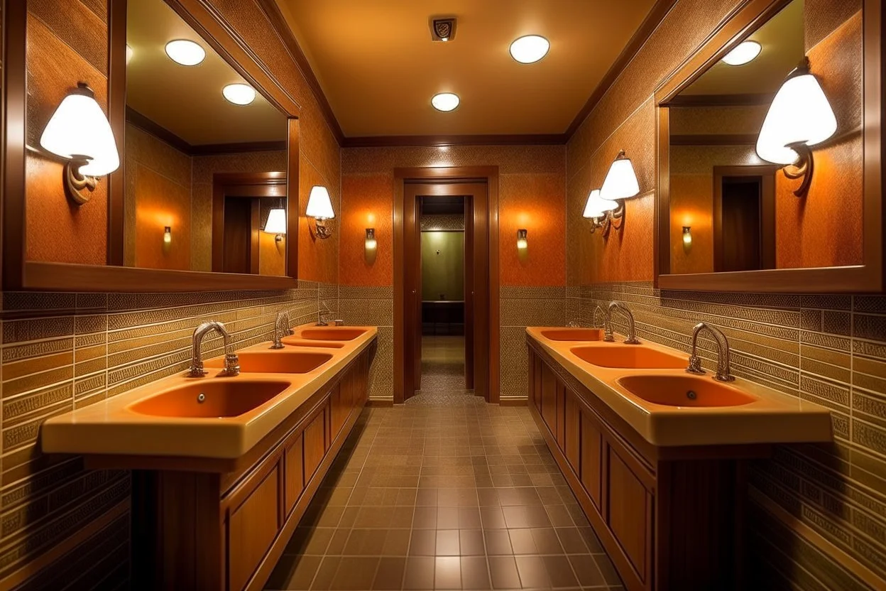 Pictures of a group of bathrooms in Mathaf Restaurant. The walls and floors are brown in shades, the sinks are on one wall, and the toilet doors are opposite the sinks.