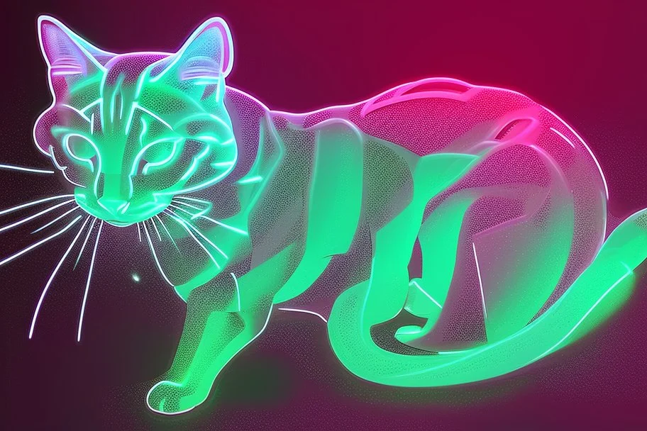 black background, outlines of a full-figure holographic cat, drawn from thin neon-coloured glowing lines