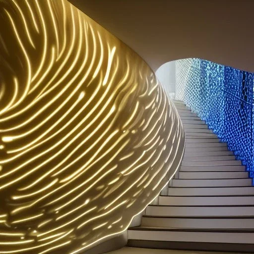 10 Grenelle, biomorphic structure, bioluminescence, centrepiece, france, interior design, Les Echos, Le Parisien, LVMH, media division, minimalist, office environment, parametric sculpture, Paris, refined details, ghostly lights,staircase,golden hour,masterpiece of Ora Ito mixed with Asaf Hanuka