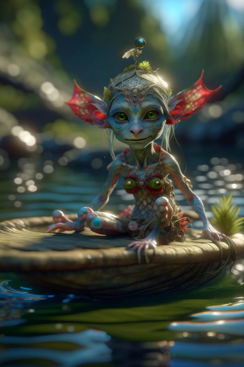 transparent elf pixie hippie creature on small raft, in the style of fantasy movies, photorealistic, shot on Hasselblad h6d-400c, zeiss prime lens, bokeh like f/0.8, tilt-shift lens 8k, high detail, smooth render, unreal engine 5, cinema 4d, HDR, dust effect, vivid colors