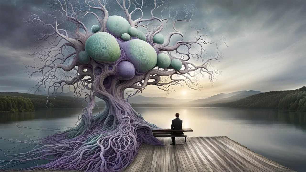 back to the camera on a beautiful amorph bench a figure sittings in a beautiful landscape and overlooking the water of the nearby lake, calm, harmonious atmosphere, muted dark colors, purple, white, gray, green, blue, brown, silver, and pale colors, ,not too colorful colors, Whimsical style and giant stunning neuron network all over the sky, half shadow and half light picture, surreal stunning vibe