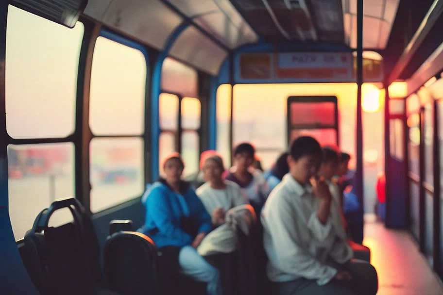 viajeros en el autobús urbano, fotografía realista, realizada con una cámra Fuji y un objetivo de 35 mm, atardecer