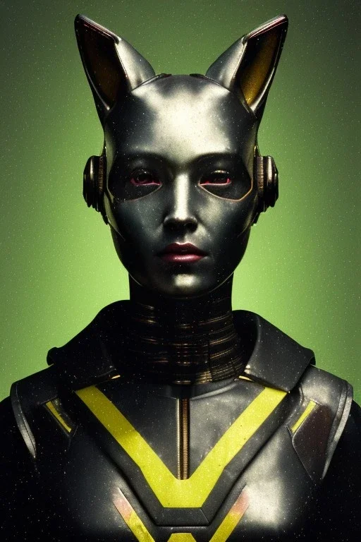 Medium Close Up Portrait, Front image. cyberpunk, rabbit mask, teenager, asian woman, cyber helmet head. Latex dress. Yellow, black, color. Thor style. renaissance ornaments, Color background, photo studio. Front image, highly detailed, concept art, smooth, unreal engine 5, ray tracing, RTX, lumen lighting, ultra detail, volumetric lighting, 3d, finely drawn, high definition, high resolution.