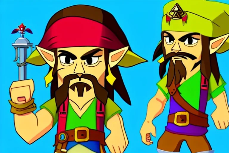 Cartoony and muscular Captain Jack Sparrow, showing his expensive wrist watch, Legend Of Zelda: Wind Waker style, stylized, colorful, adventurous.