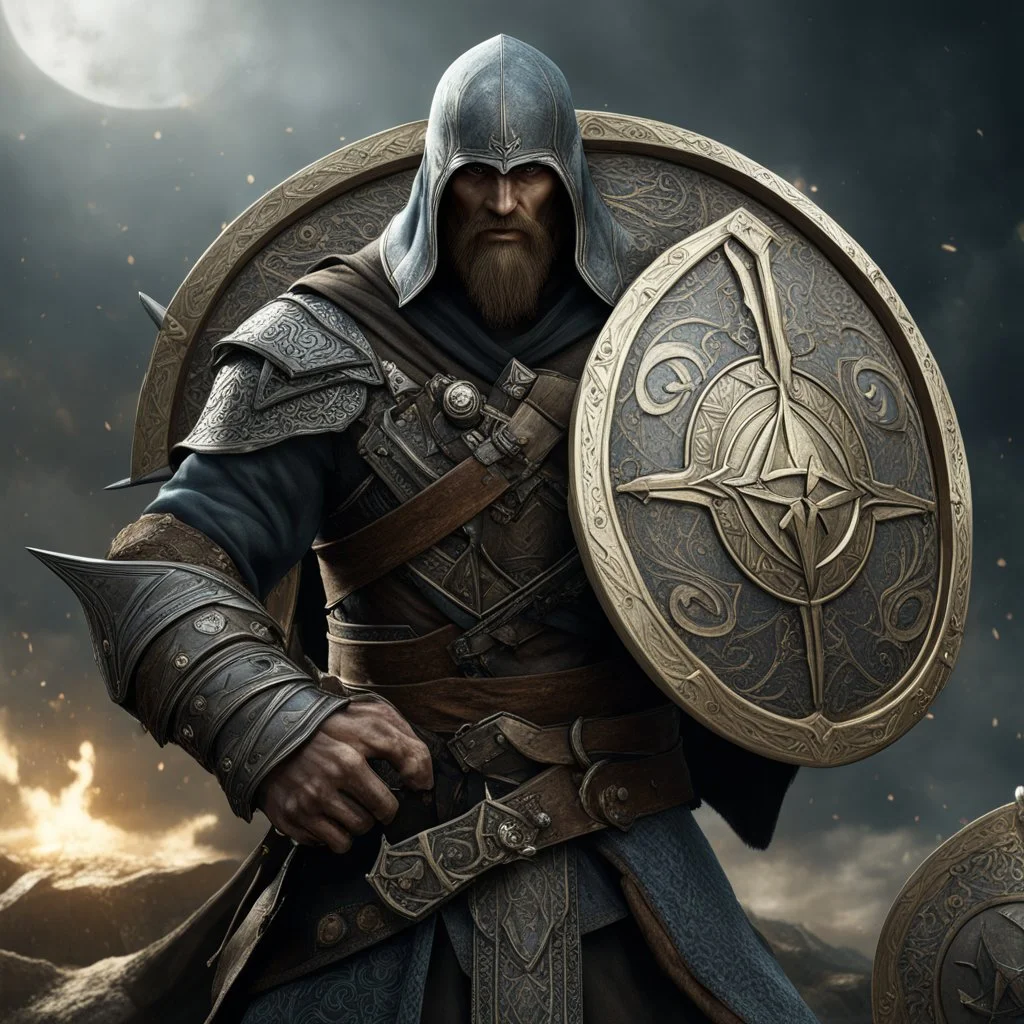 Assassins Creed Eivor Viking aesthetic, Eivor in battle with ornate shield protecting himself from a Friar's morningstar attack, Unreal Engine 5, hyperrealism, dark fantasy, shield-core, beautiful, dramatic, cinematic, stunning, assassins creed insignia