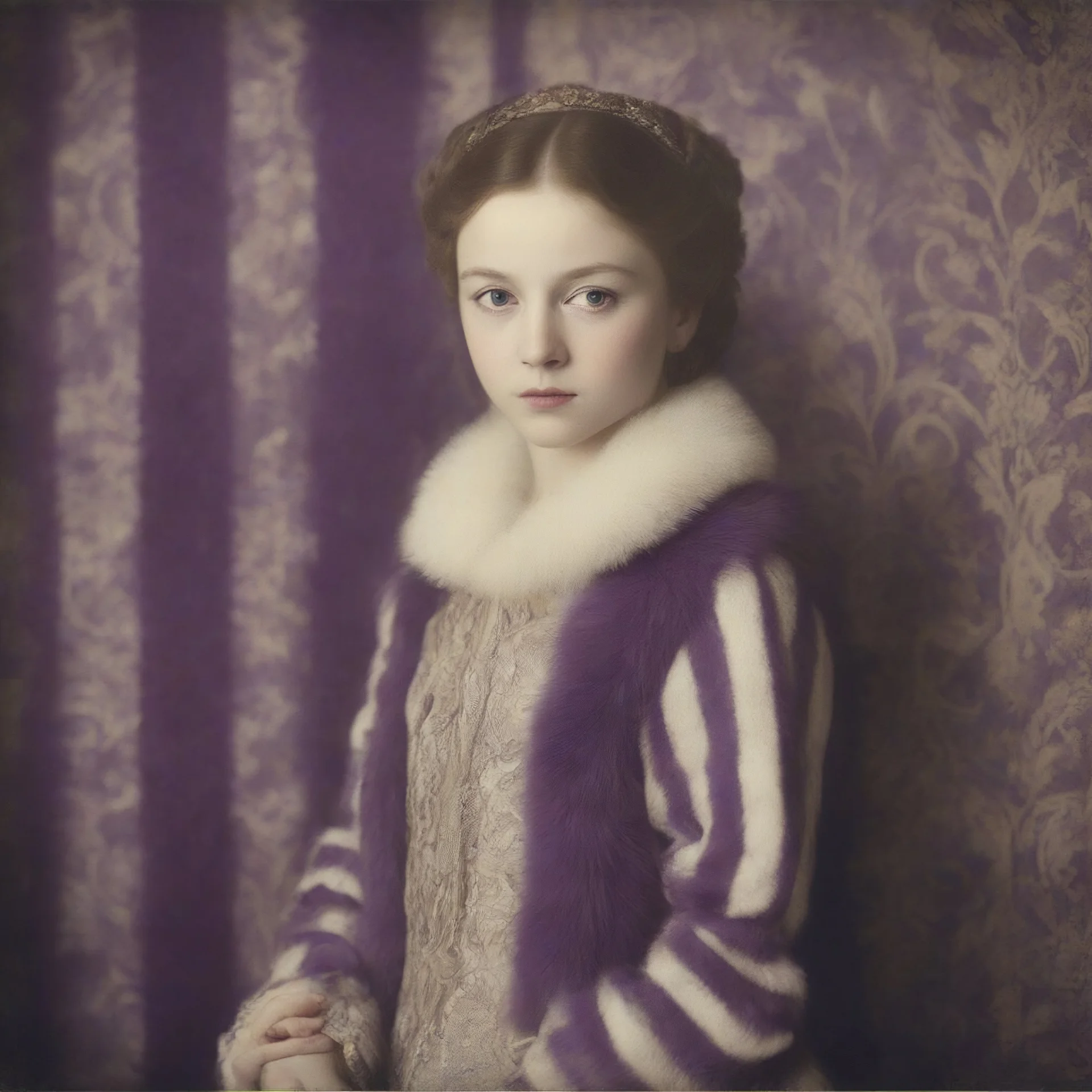 Ann boleyn, purple fur, striped wallpaper, old autochrome
