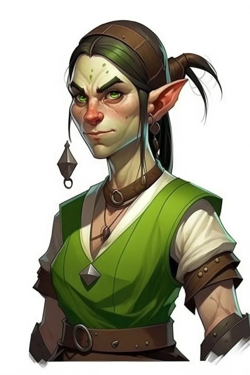 strong tomboy young half orc woman who works at a tavern with pointy ears and green skin realistic