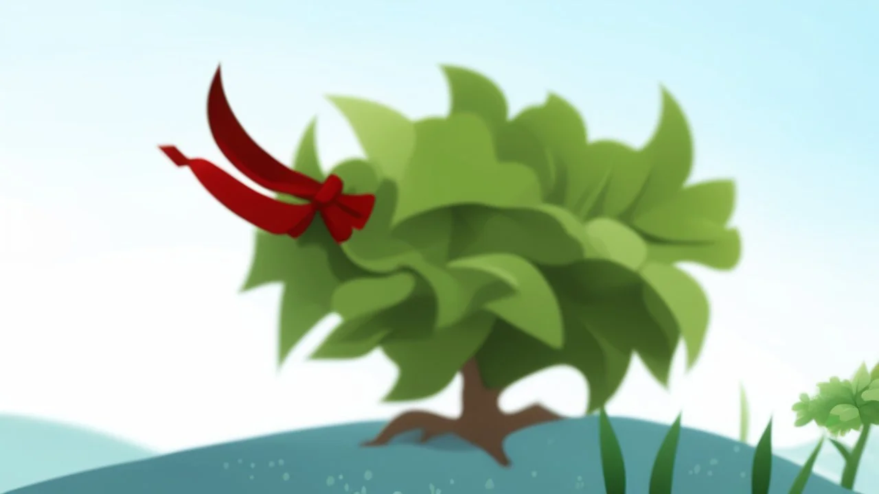 fantasy cartoon illustration: a shrub on a hill, there is a red ribbon on the shrub